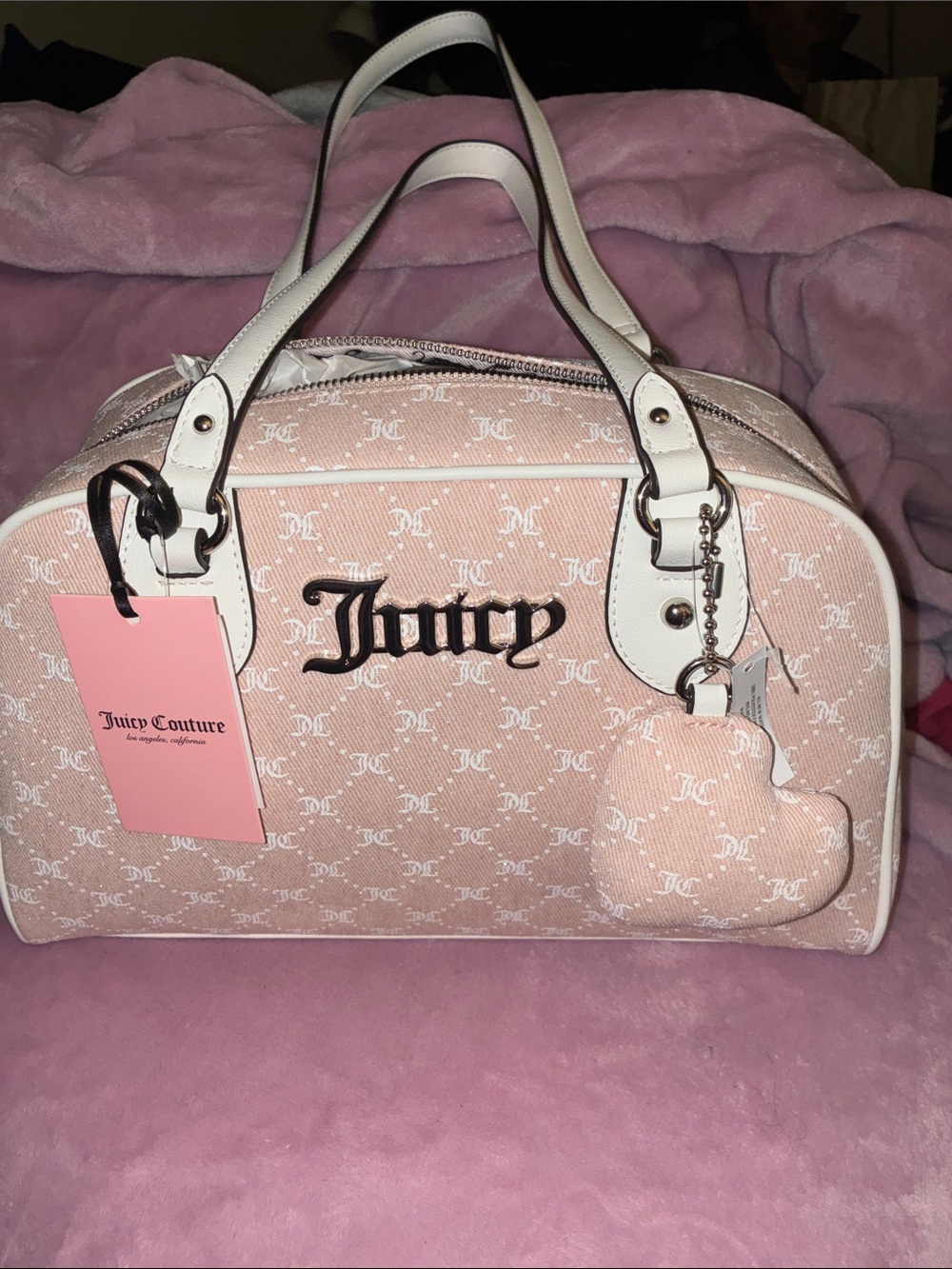 Juicy Couture Pink and White Logo Satchel with Heart Charm